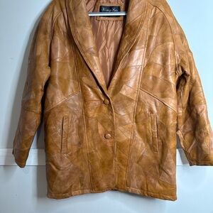 Men's Vintage Camel Brown Leather Patchwork Blazer Coat